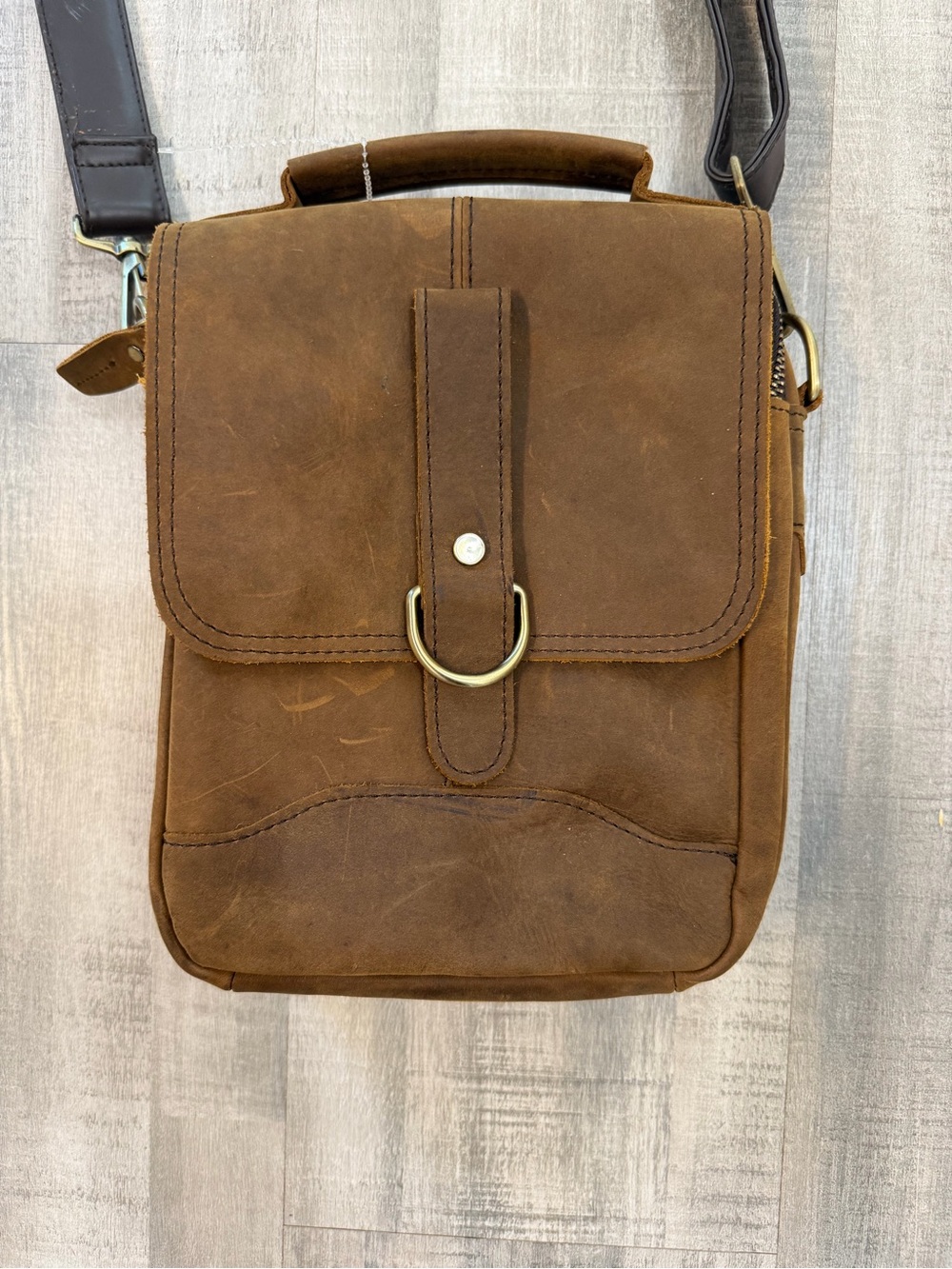 Vintage Brown Genuine Leather Crossbody Messenger Bag Detachable Strap Rustic